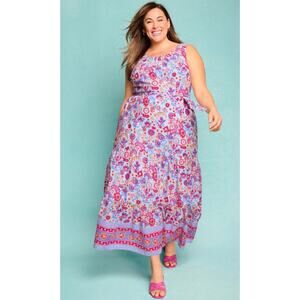 Talbots Floral Maxi Dress Cotton Tiered Blue Pink Plus Size 18W Lined Brunch